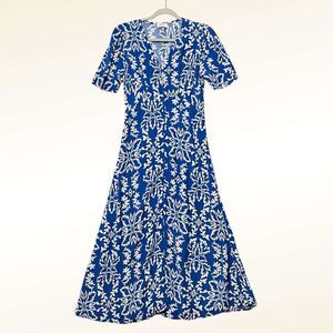 ANNA KAY Button Front Paisley Maxi Dress Size Medium Blue White Short Sleeve